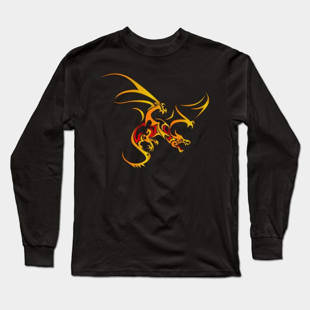 Flying Dragon in Tattoo/Tribal Style, Gold with Red accents Long Sleeve T-Shirt by Designs by Darrin